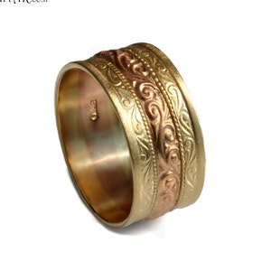 Two tone 14k yellow and 14K rose Gold engraved Scrolls wedding ring band, women&#39;s wide wedding band, men&#39;s gold Vintage scrolls ring
