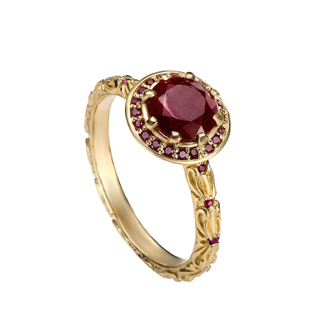 Ruby 14k Gold Engagement Ring Big Round Natural Ruby Halo - Etsy