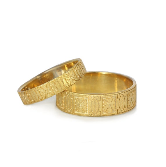 18k Gold Art Deco Matching Wedding Rings Couples Set, 18k