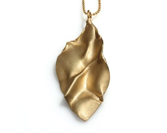 Leaf pendant 14k gold large pendant, organic style leave gold necklace nature inspired matte brushed 9k 14k 18k solid gold long pendant