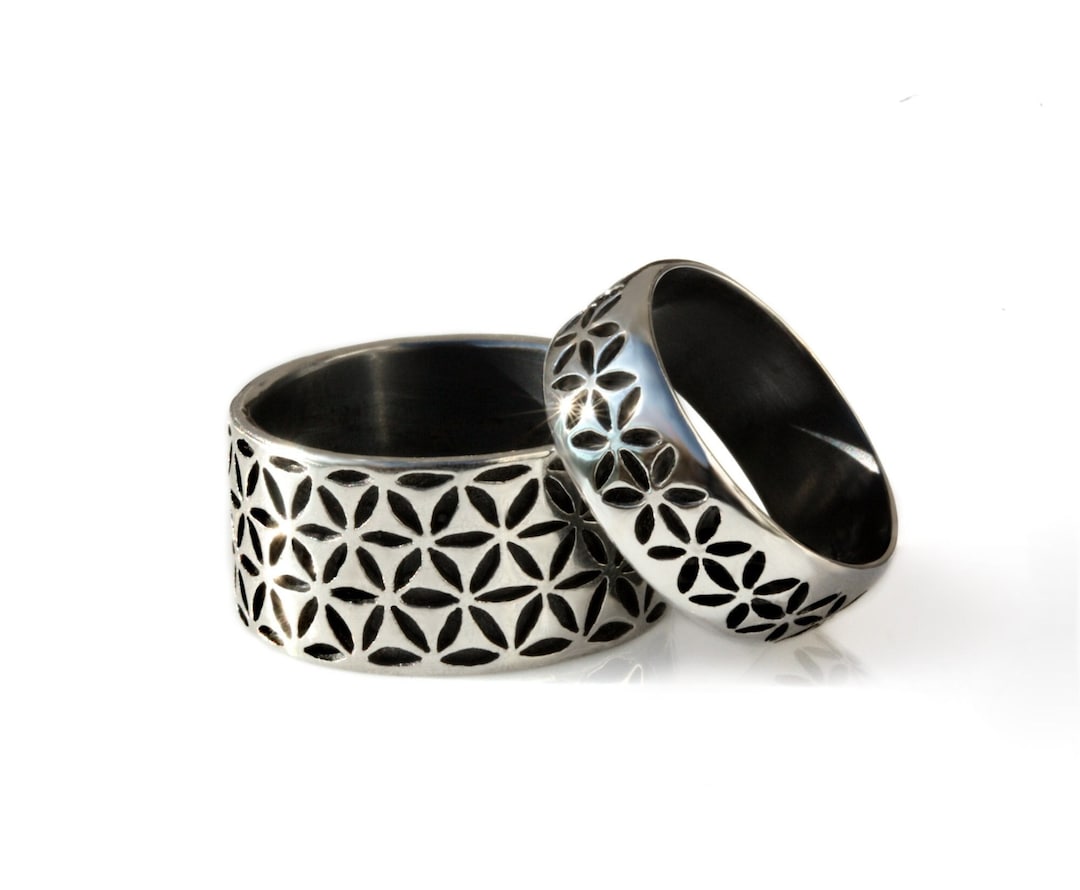 Silver Flower of Life Matching Wedding Ring Band Set, Oxidized Silver ...