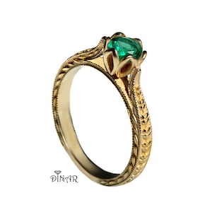 Ring setting vintage solitaire flower leaf engagement ring, 14k /18k solid gold floral engraved leaves gold milgrain ring without gemstone