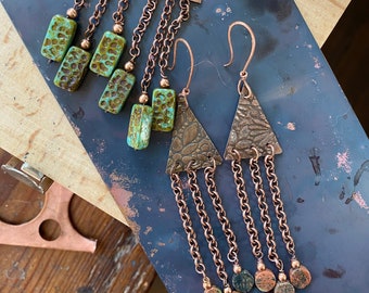 Textured copper triangle drop earrings