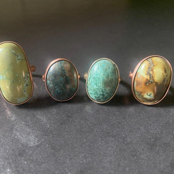 copper, brass, turquoise rings.  size: 7.5, 7, 8, 10
