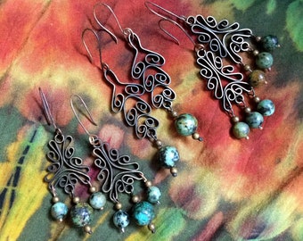 Patina brass long dangle hippie filigree earrings with African Turquoise beads.