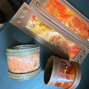 wide unisex leather cuff bracelets w unique vinyl inset. psychedelic festival wear.