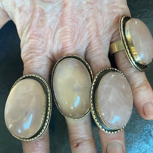 big primitive brass and rose quartz rings: sizes 7.5, 5