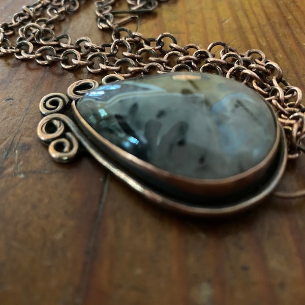 Huge black needle quartz teardrop pendant on copper link chain necklace.