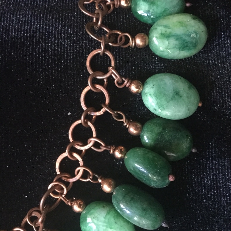 Brazilian emerald bead fringe necklace on copper link chain.