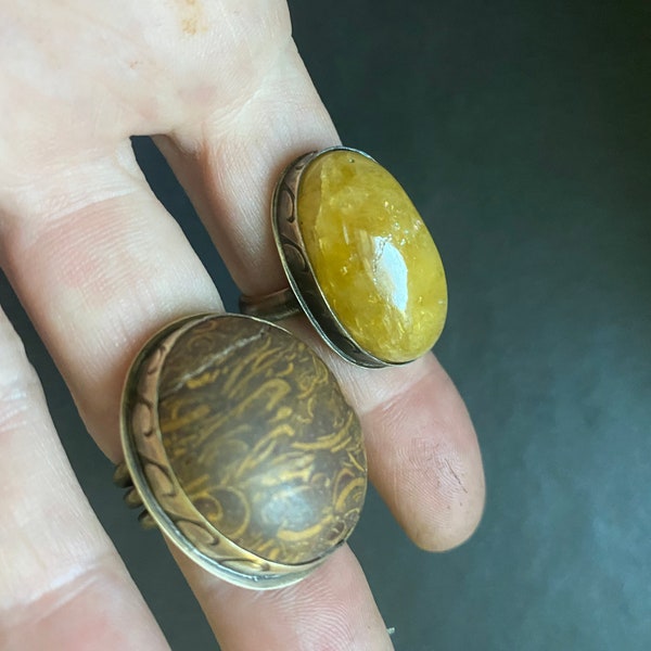 brass marium jasper, brass heliodor rings.  US size 5, 8.5