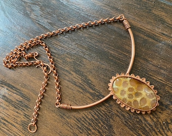 large fossilized coral gold yellow cab and copper choker.