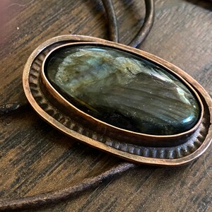 long oval labradorite cab in minimal copper setting pendant necklace. unisex.