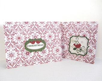 Holiday Cards -Christmas Cards -Set of 2 Cards -Handmade Cards -Blank Inside Cards -Red Bird Card -Red Damask Cards -Christmas Bird Card