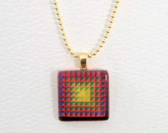 Necklace - Red Pendant  - Red, Blue, Yellow Op-Art Design - 3/4" Square Glass Tile - Small Gold-Plated Bail - Gold Ball Chain