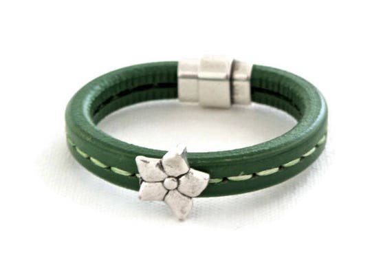 Stitched Leather Bracelet - Green or Red - Regaliz Leather - Antique Silver - Silver Flower - Silver Charm - Flower Charm - Magnetic Clasp