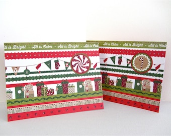 Holiday Cards -Christmas Cards -Set of 2 Cards -Handmade Cards -Blank Inside Cards -Red and Green Cards -Seasons Greetings -Happy Holidays