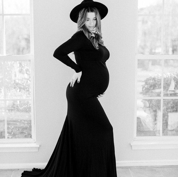 knee length dresses for ladies Black Ribbed Knit Long Sleeve Fitted Maternity Dress – PinkBlush main image 1