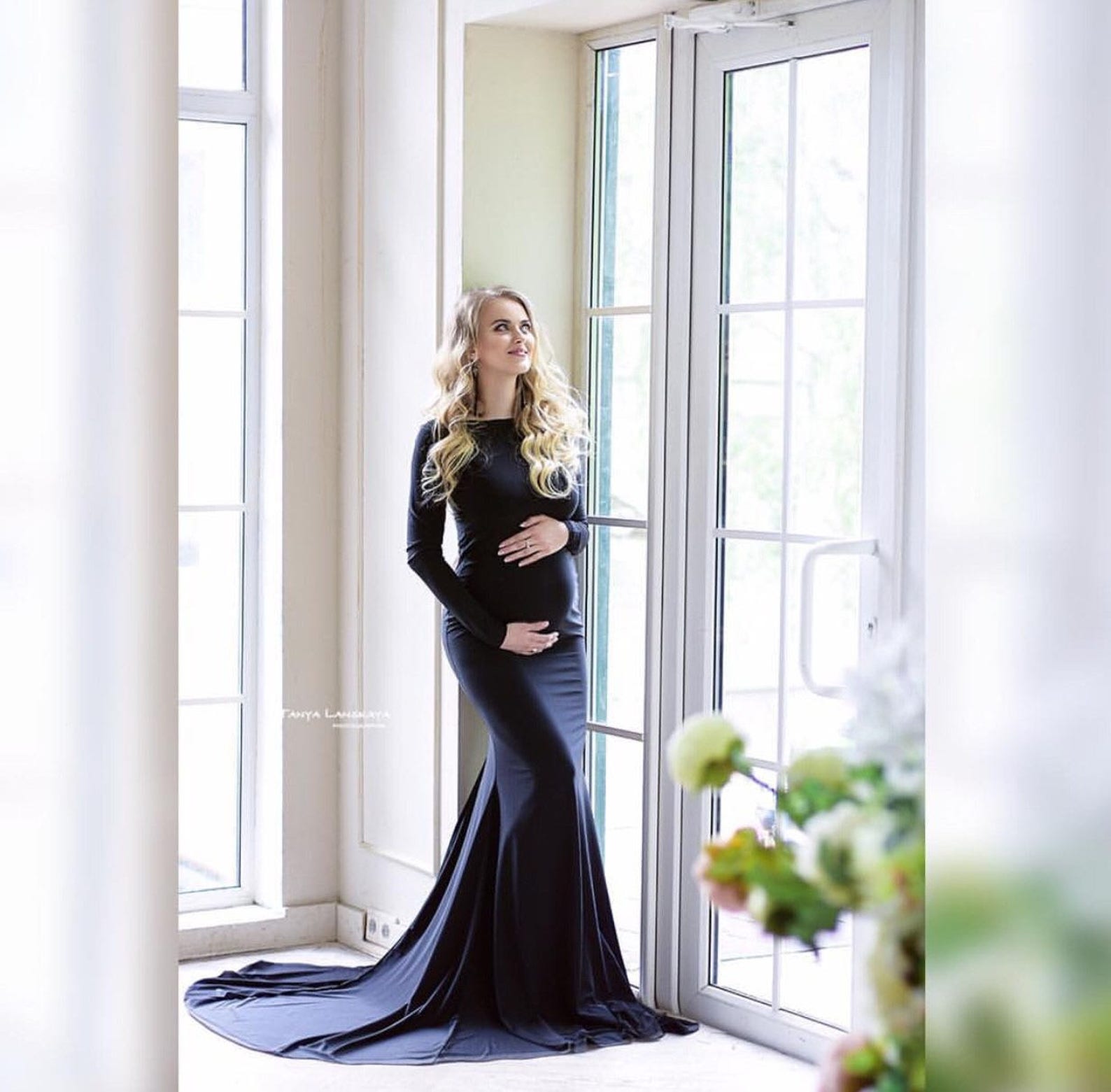 Pleated Mesh Sleeveless Maternity Photoshoot Dress