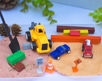 Construction trucks playdough, cars and trucks playdough kit, construction play dough kit, construction playdough goodie bag, playdough kit