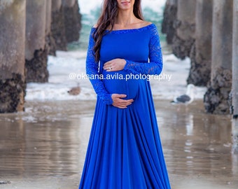 Maternity dress royal blue lace, baby shower dress, long maternity dress, fitted long maternity dress