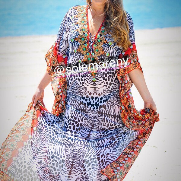 Animal print embellished kaftan, beach coverup, beach kaftan, caftan, honeymoon cover up