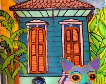 New Orleans shotgun house with chihauhau dog art signed painting print giclee New Orleans