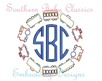 Train Circle Monogram Frame Classic Vintage Stitch Design File for Embroidery Machine Instant Download Boy Cute Baby