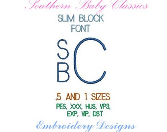 Slim Block Stacked Monogram and Font Design File for Embroidery Machine Monogram Instant Download Sizes .5 and 1 inches
