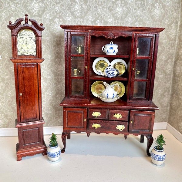 VINTAGE Beautiful Mahogany Colored Sturdy 1:12 Dollhouse Hutch + Grandfather Clock & Accessories/ Dollhouse Miniature China Cabinet