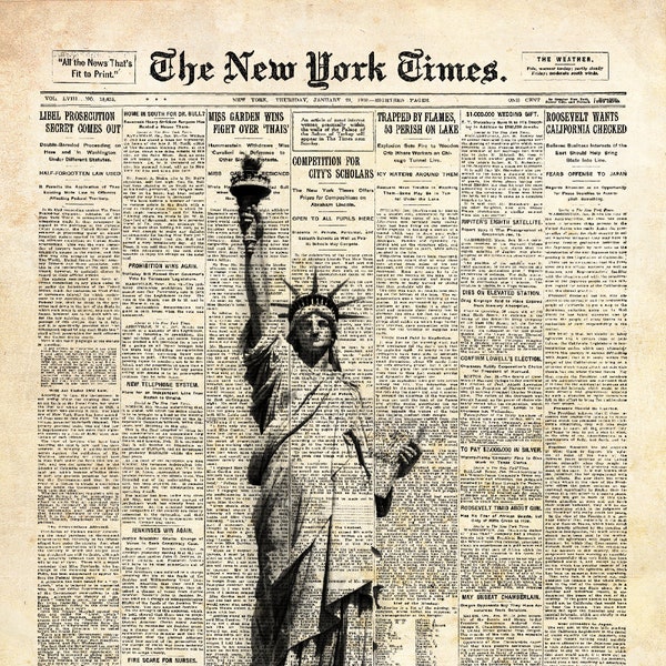 Statue of Liberty National Monument on New York Times paper. NYC wall art print 8x10. Digital download.