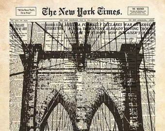 Brooklyn Bridge on New York Times paper. NYC wall art print. Digital download.