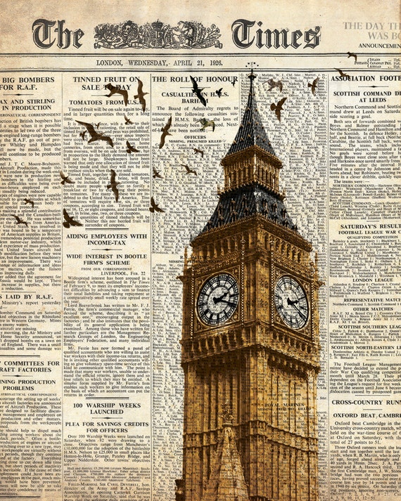 Big Ben and Birds on Newspaper. London. Wall Art Decoration Print. 