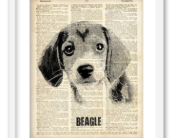 Beagle on The World Book dictionary page. Decoration print 8"x10"