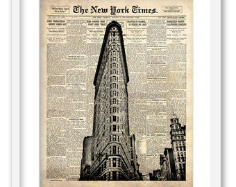 Flat Iron building on New York Times paper. NYC wall art print 13"x17".