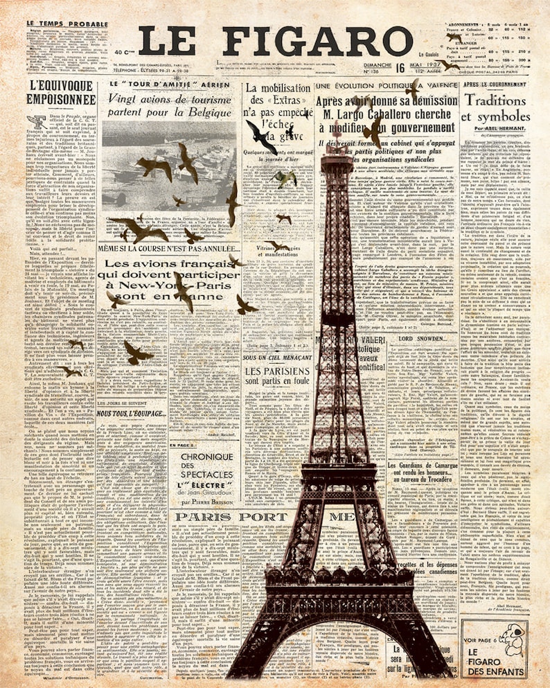 Eiffel Tower on Newspaper. Paris. Wall Decoration Print. 8x10. FREE
