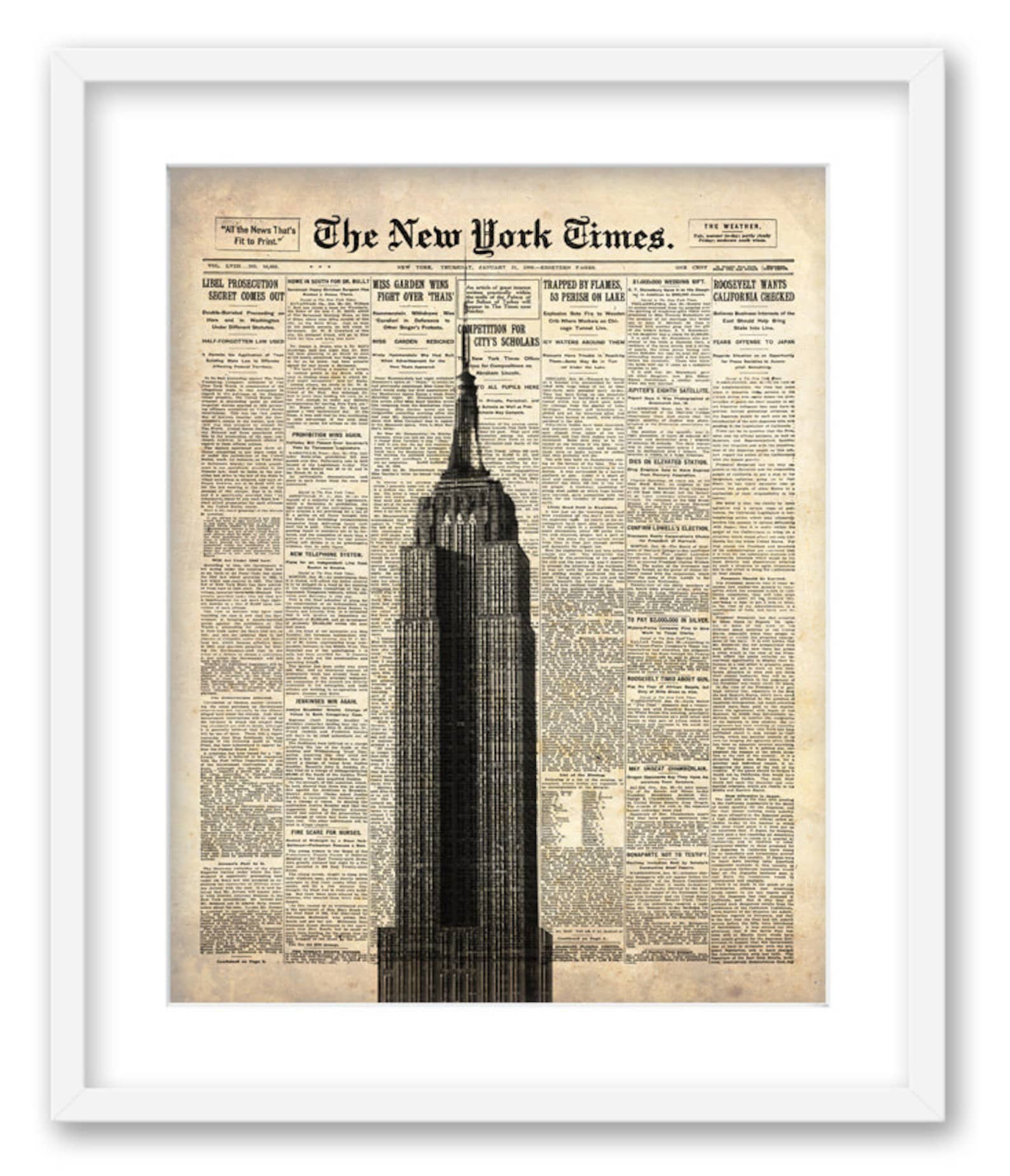 Empire State Building on New York Times Paper. NYC Wall Art Etsy