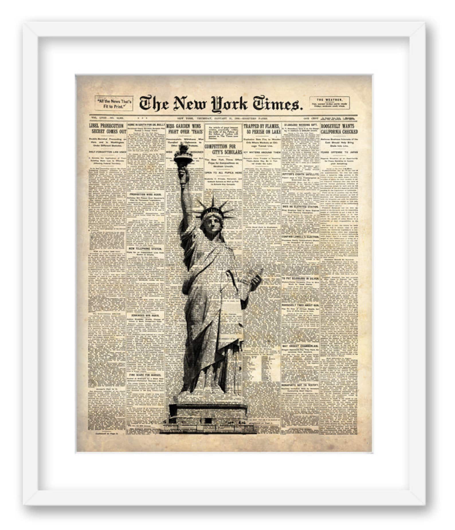 Statue of Liberty on New York Times Paper. NYC Wall Art Free Shipping