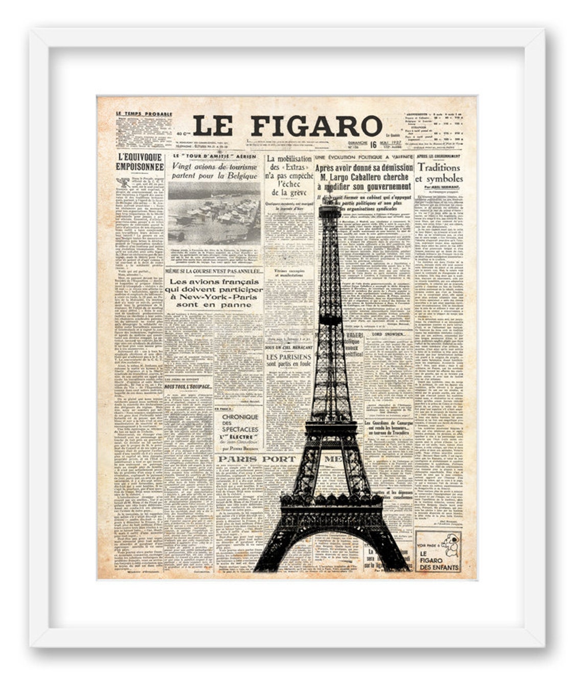 Eiffel Tower on Newspaper. Paris. Wall Decoration Print. 8x10. Etsy