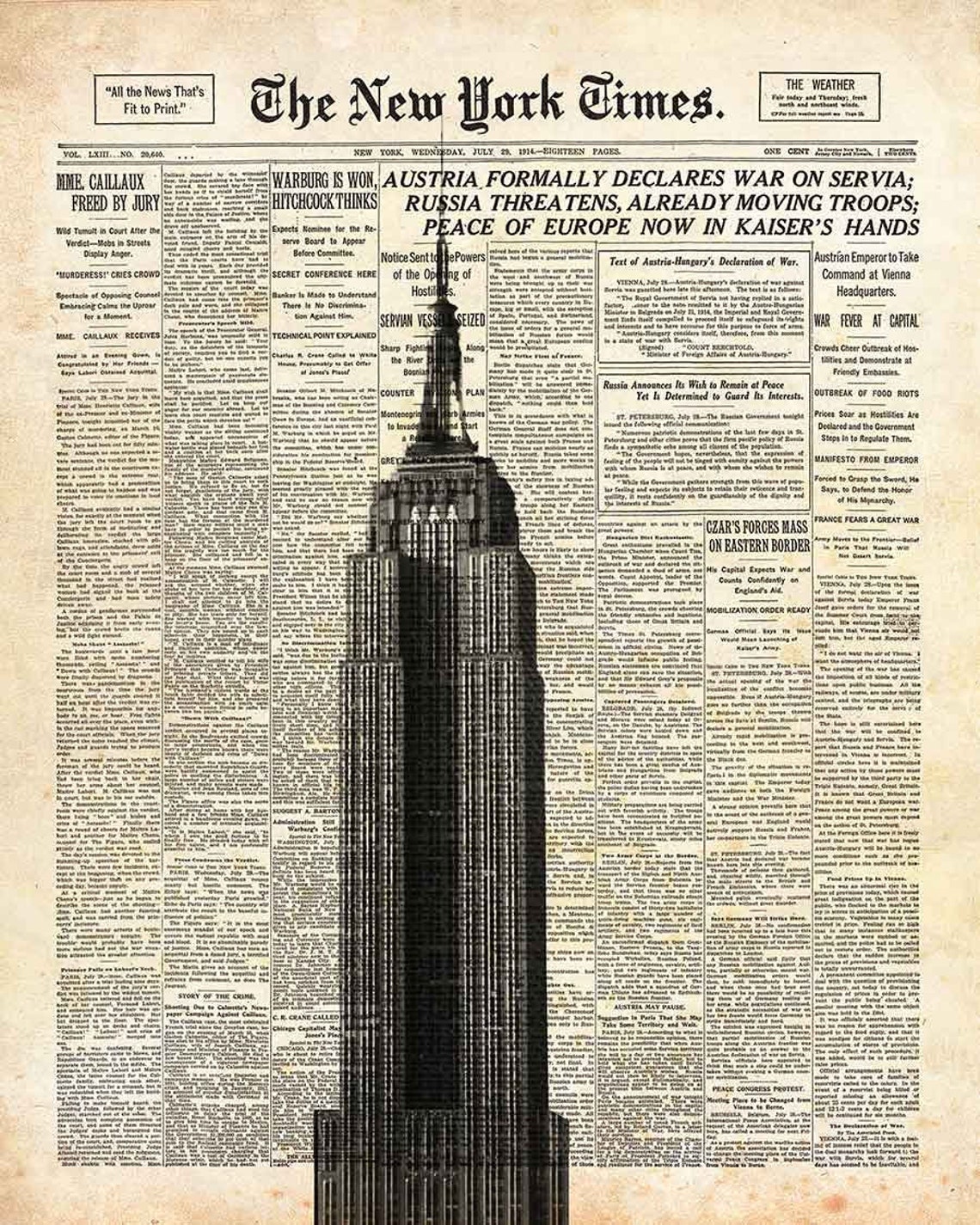 Empire State Building on New York Times Paper. NYC Wall Art Etsy