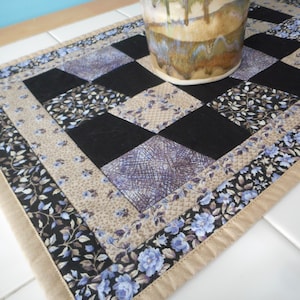 Floral Quilted Table Runner, Periwinkle Purple Black, Traditional Style