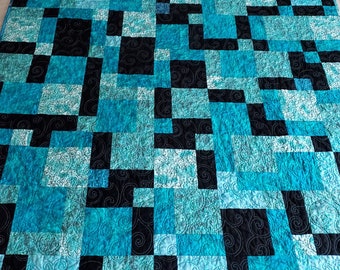 Handmade Turquoise and Black Patchwork Quilt, Modern Lap Throw