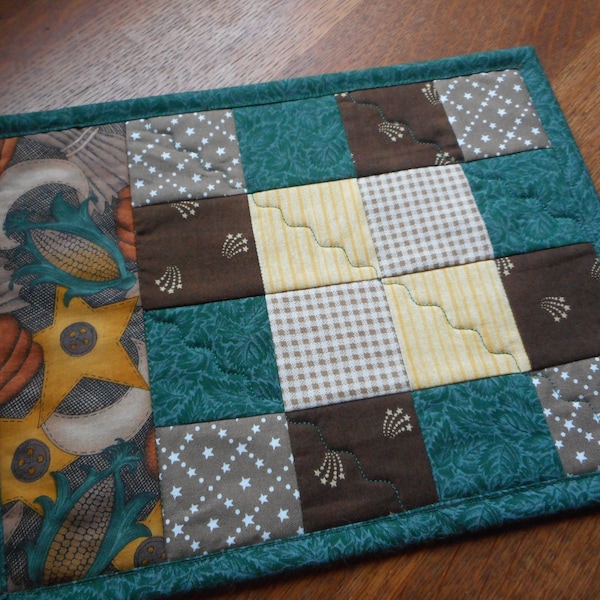 Fall Harvest Quilted Snack Mat, Mug rug Candle mini quilt, topper small placemat, cloth coaster, office desk place mat, table patchwork