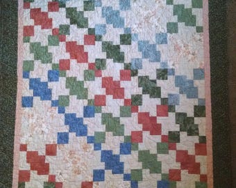 Handmade Patchwork Lap Quilt: Blue, Green, Peach Cotton Throw (38x50)