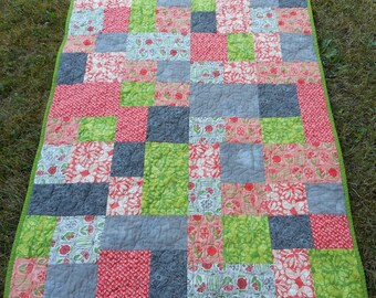 Floral Patchwork Baby Quilt: Coral, Grey & Green Minky Blanket