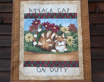 Attack Cat Quilt, Daisy Kingdom Fabric Panel, Handmade Patchwork Throw