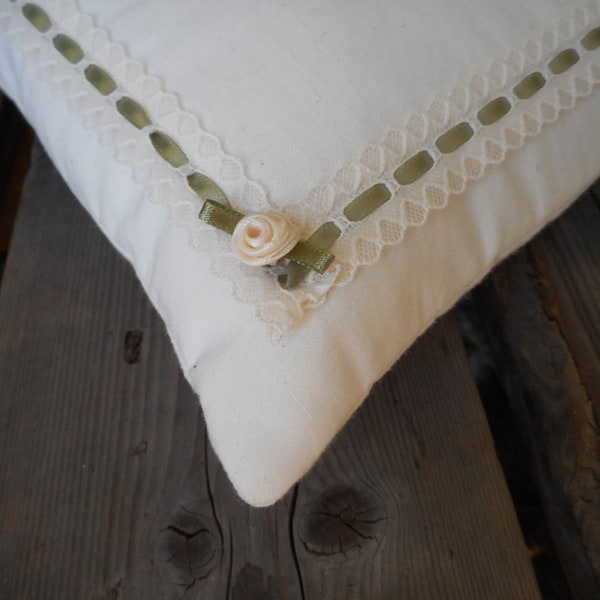 Hand Quilted Pillow Cover Ivory Cream, ring bearers pillow green floral, Botanical floral motif, cottage lace ribbon chic, farmhouse shabby