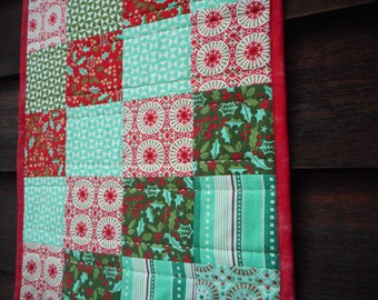 Quilted Christmas Table Runner: Red Green Holly Patchwork Topper