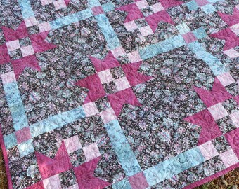 Floral Patchwork Quilt: Asian Inspired Cotton, Dragonfly Design (58.5x58.5")