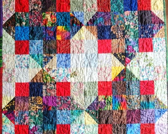 Scrappy Patchwork Quilt Table Topper, Jewel Tone Farmhouse Decor