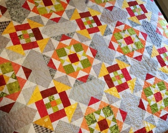 Queen Patchwork Quilt, Vibrant Red Green Yellow Gray Bedding